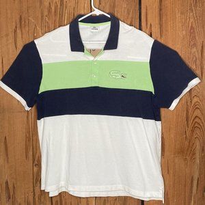 LACOSTE Polo Shirt Mens 8 3XL Golf Sewn Raised Gator Logo Navy Teal White Stripe